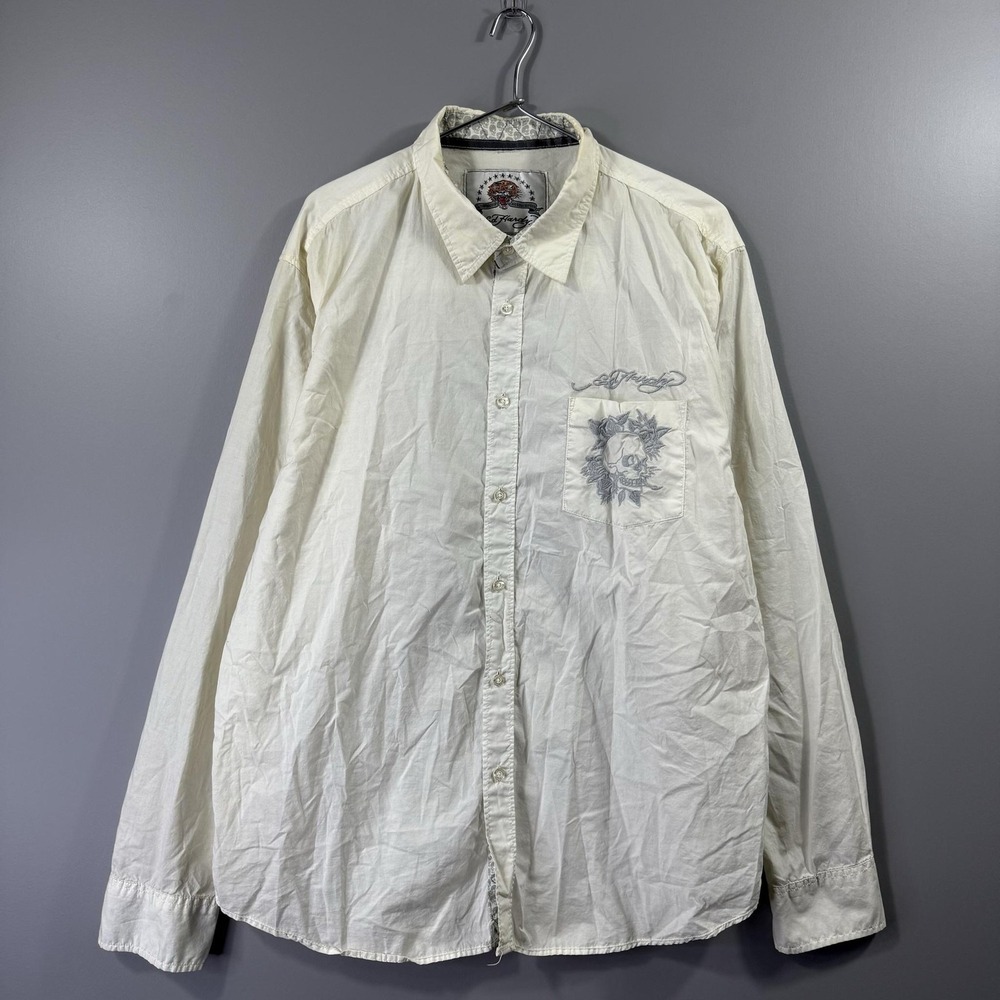 Ed Hardy Shirt Mens XL White Skull Embroidered Button Up Tattoo Graphic